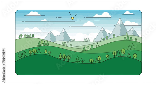A stylized, flat illustration of a vibrant green landscape with rolling hills, scattered trees, and distant snow-capped mountains under a bright blue sky with a shining sun and scattered clouds.