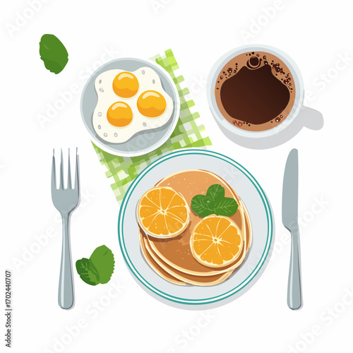 Delicious Breakfast Spread Pancakes Eggs Coffee and Fresh Garnishes