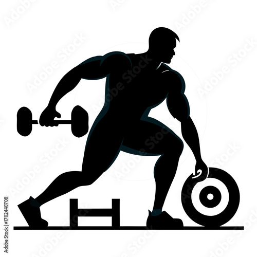 Silhouette of Power: A bold silhouette of a muscular figure, engaged in a dynamic weightlifting routine. A visual representation of strength and dedication to physical fitness.