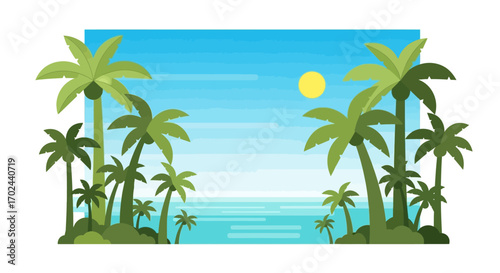 A vibrant tropical beach scene with lush palm trees framing a clear blue ocean under a bright yellow sun.