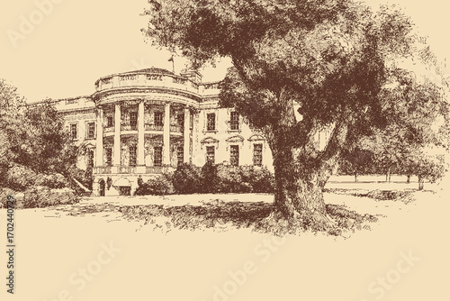 White House, Washington illustration in a vintage style. This vector illustration can be used in any size you like for advertising, logos, and other work.