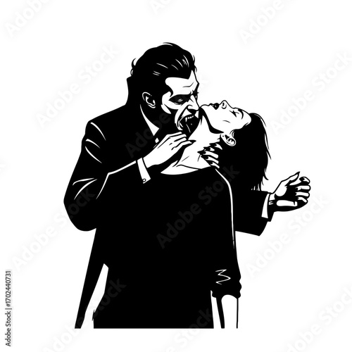 Vampire biting woman neck silhouette isolated on white background