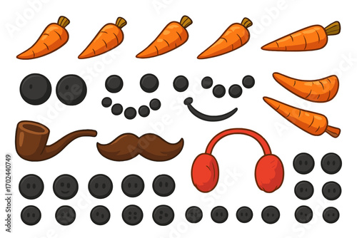 Snowman decoration elements set with carrot noses, coal eyes, buttons, pipe, mustache, and red earmuffs