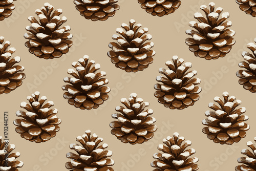 Seamless pine cone pattern with snow-dusted cones on neutral beige background