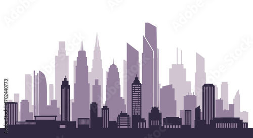 City skyline silhouette with various buildings and skyscrapers in shades of purple.