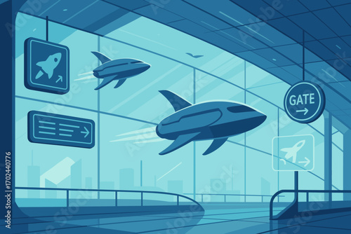Futuristic spaceport terminal with flying spacecraft departing and modern signage in blue color scheme