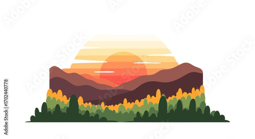 Sunset over mountain range with autumnal forest.