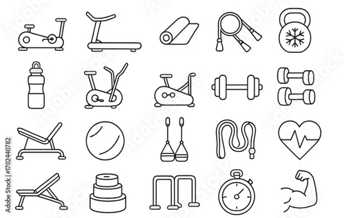 Modern gym and fitness icon set with training equipment, cardio machines, weights, and health symbols