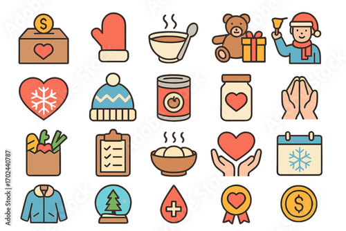 Winter donation and charity icon set featuring food, gifts, clothing, and helping hands on festive background