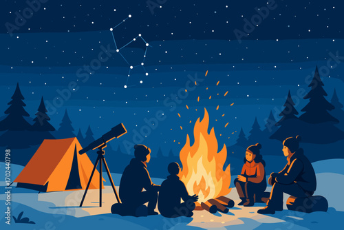 Group of friends winter camping, sitting around a campfire with telescope and constellation in starry night sky