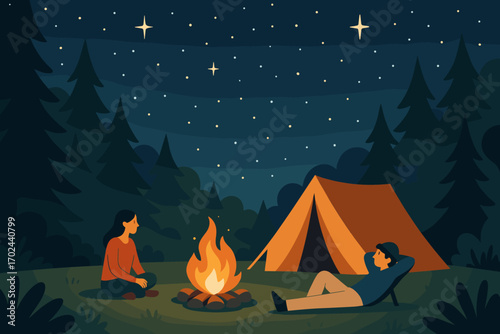 Couple camping in forest with orange tent and campfire under starry night sky, peaceful outdoor illustration