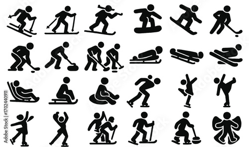 Winter sports icon set featuring skiing, snowboarding, ice skating, hockey, curling, sledding, and other cold-weather activities in black silhouette style