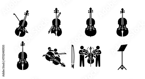 Musical Harmony Cello Ensemble and Stand Icons for Orchestral Artistry and Performance