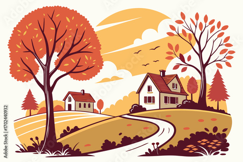 autumn landscape with houses and trees