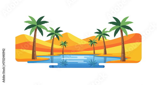 Desert oasis landscape with palm trees and a calm pool of water.