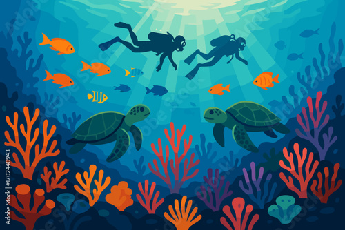 Underwater Coral Reef Scene with Sea Turtles, Colorful Fish, and Scuba Divers in a Vibrant Ocean