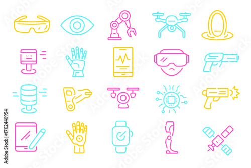Neon glowing icons set of futuristic technology including robotics, AR/VR, drones, prosthetics, smart devices, and sci-fi elements