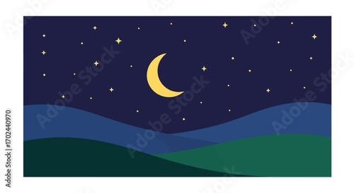 A serene night sky with a crescent moon and twinkling stars over rolling hills.