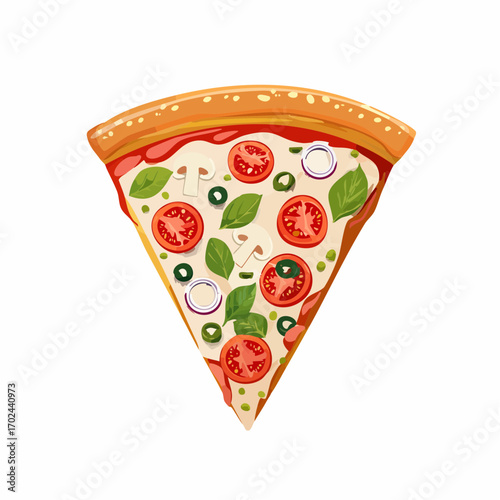 Triangular Pizza Slice with Tomato Mushroom Basil and Onion Toppings