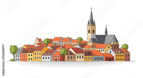 Cartoon illustration of a charming European old town or village with colorful houses and a prominent church steeple.
