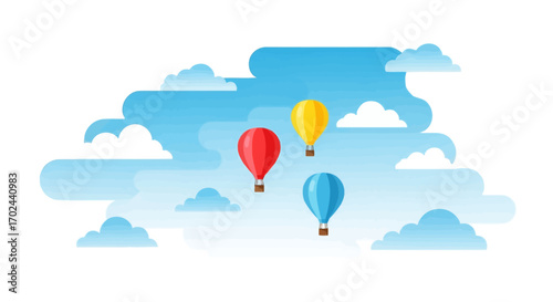 Illustration of hot air balloons floating in a cloudy sky.