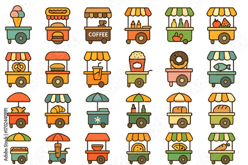 Set of colorful food cart icons featuring ice cream, hot dogs, coffee, burgers, juice, donuts, popcorn, vegetables, bread, and more street food stands
