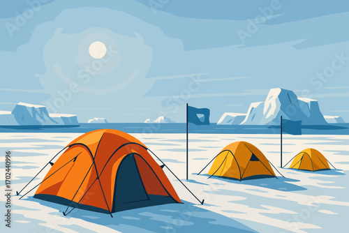 Expedition Tents Set Up on Snowy Antarctic Landscape with Icebergs Under Bright Sun