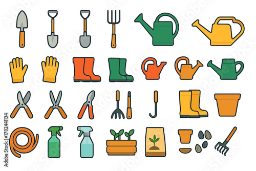 Colorful garden tools and accessories icon set including gloves, boots, watering cans, shovels, pruners, pots, seeds, and spray bottles
