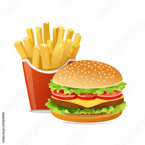 Sesame Bun Burger with French Fries Vibrant Illustration