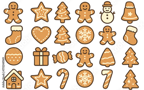 Gingerbread cookie icon set with festive holiday shapes including stars, trees, snowflakes, candy canes, and stockings