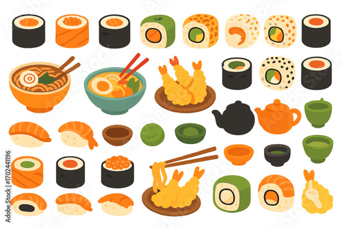 Japanese Food Vector Set Featuring Sushi Rolls, Ramen Bowls, Tempura, Nigiri, and Traditional Matcha Tea on Gradient Background