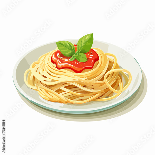 Delicious Spaghetti Dish with Fresh Basil and Tomato Sauce Illustration