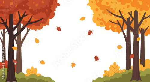Autumn landscape with colorful trees and falling leaves.