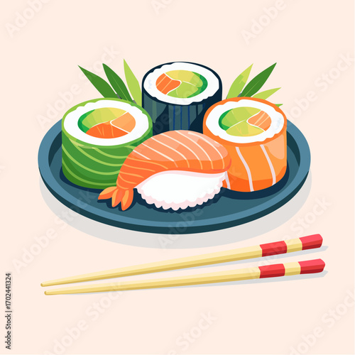Artistic Sushi Plate with Nigiri Maki Rolls Bamboo Leaves and Chopsticks