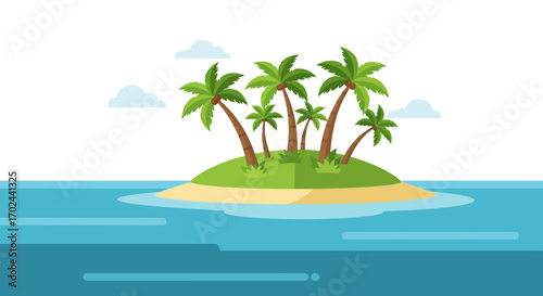 A vibrant illustration of a tropical island with palm trees surrounded by clear blue ocean water.