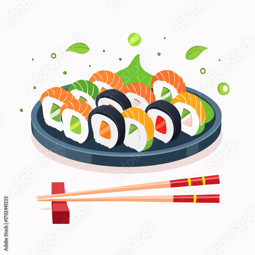 Colorful Sushi Platter with Chopsticks and Garnish