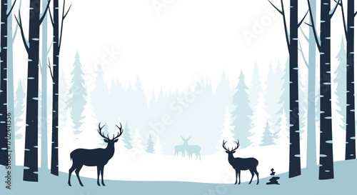 Winter forest scene with deer silhouettes.