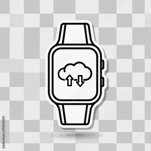 Vector illustration of outline icon of a smartwatch displaying a cloud with upload and download arrows, representing cloud services and data management