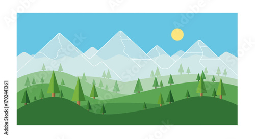 A picturesque landscape of rolling green hills and snow-capped mountains under a bright sun.