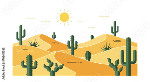 A vibrant flat illustration of a desert landscape with various cacti and rolling sand dunes under a bright sun.