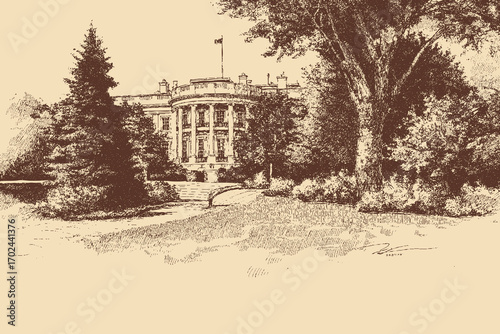 White House, Washington illustration in a vintage style. This vector illustration can be used in any size you like for advertising, logos, and other work.