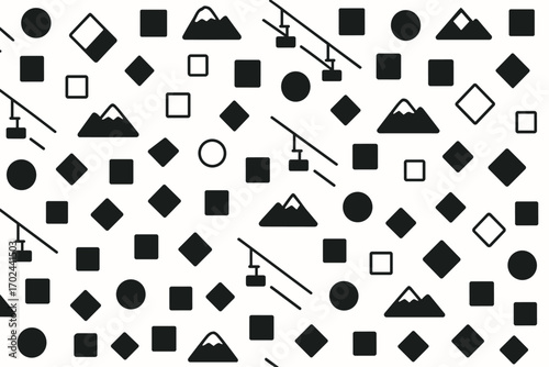 Minimalist seamless pattern with ski symbols including trail difficulty markers, chair lifts, and mountain icons in black and white