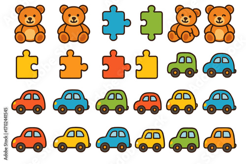Colorful Cartoon Icons of Teddy Bears, Puzzle Pieces, and Toy Cars on Gradient Background for Kids and Preschool Themes