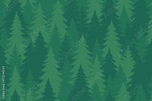 Seamless pine tree forest pattern with overlapping evergreen silhouettes in rich green tones, nature-inspired background design