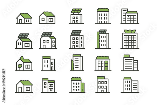 Set of eco-friendly green building icons with solar panels, green roofs, and sustainable architecture on dark gradient background