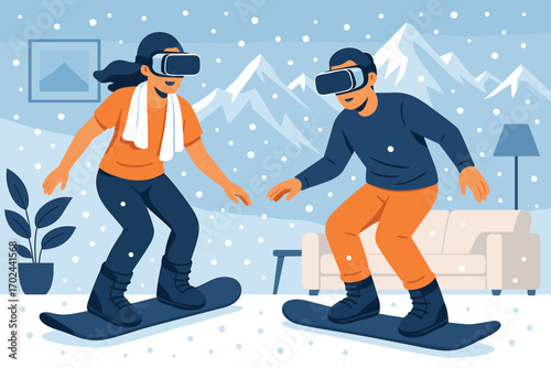 Couple snowboarding with virtual reality headsets in living room, immersive winter VR experience with snowy mountain background