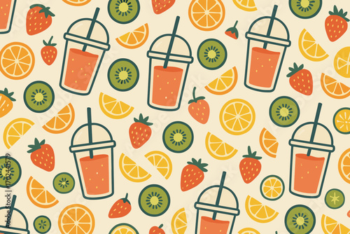 Seamless colorful fruit and juice pattern with strawberries, oranges, kiwis, and takeaway drink cups, vibrant summer illustration on beige background