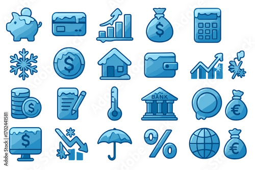 Frozen finance icons collection with piggy bank, wallet, calculator, coins, bank, charts, snowflakes, and money bags, icy winter economic illustration