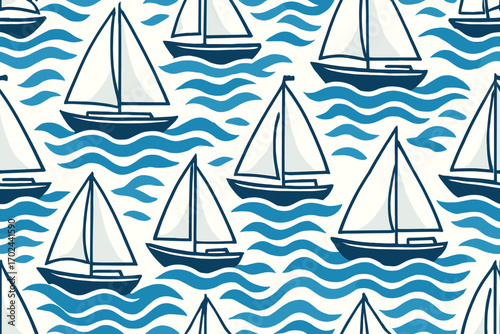Seamless nautical pattern with sailboats on ocean waves, hand drawn maritime design in blue and white, summer sailing illustration for fabric, wallpaper and coastal decor