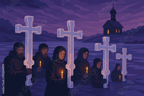 Religious procession with people holding candles and ice crosses on frozen river, Orthodox church in background, spiritual winter ritual illustration at dusk